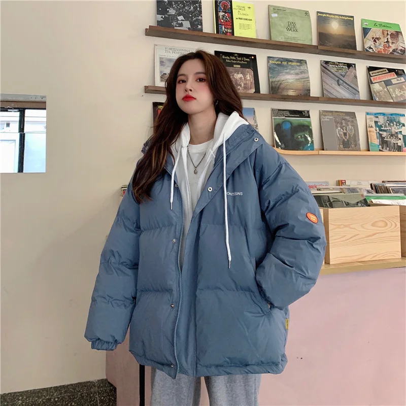Chic Faux Two Design Pieces Parkas Women Puffy Patchwork Hooded Parka Jacket Woman Winter Pockets Zipper Up Padded Jacket Ladies