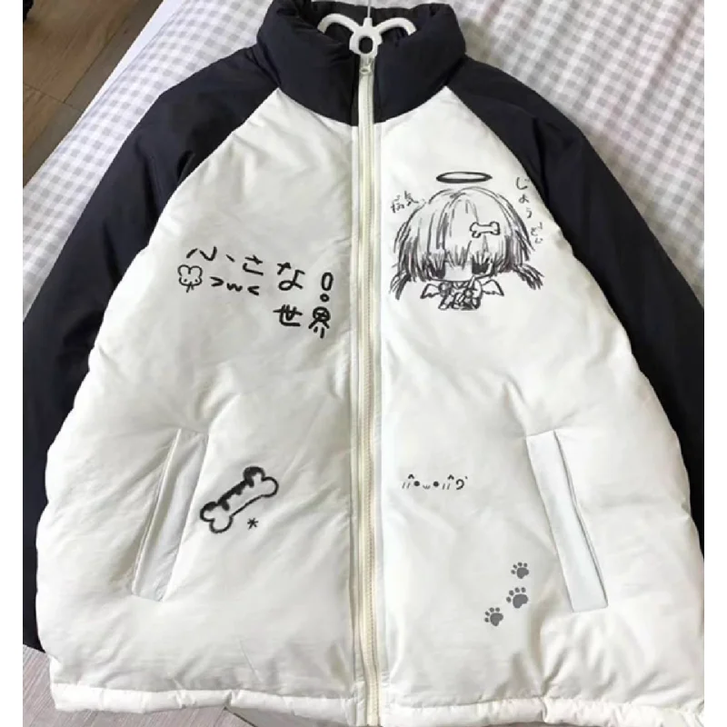 Japanese Kawaii Zipper Coat Casual Women Long Sleeve Cartoon Print Sweet Style Clothing Cute Harajuku Subculture Parkas Autumn