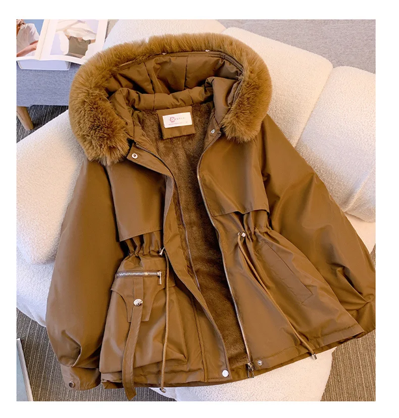 New Women's Cotton-Padded Plush Warm Coat 2024 Autumn Winter Parkas Coat Women's Long Sleeve Zipper Hooded Drawstring Parkas