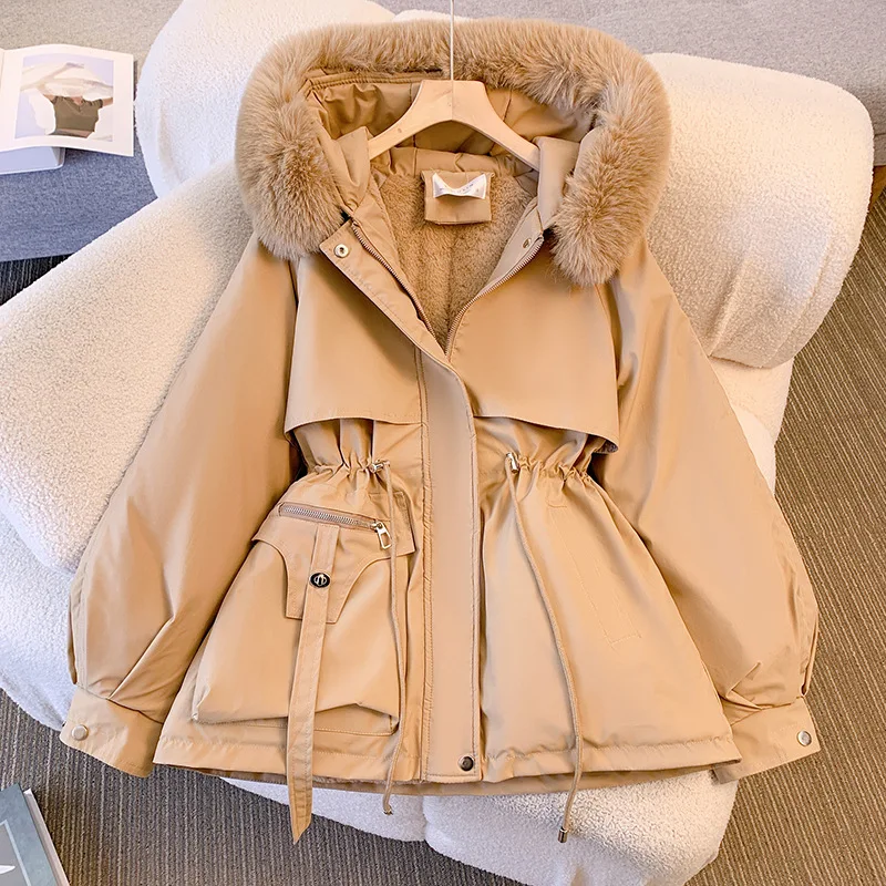 New Women's Cotton-Padded Plush Warm Coat 2024 Autumn Winter Parkas Coat Women's Long Sleeve Zipper Hooded Drawstring Parkas