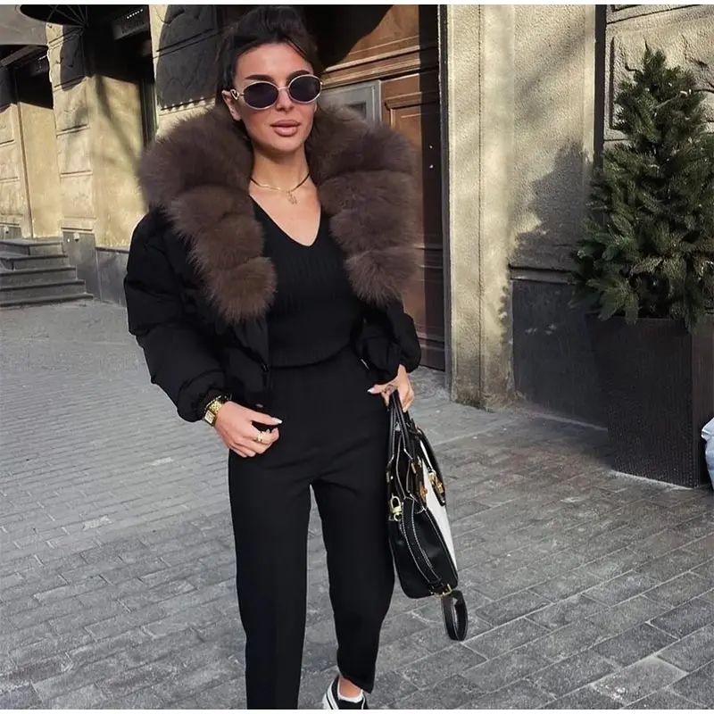 Street Faux Fur Collar Cropped Coats Women Loose Full Sleeve Single Breasted Thicken Jacket 2026 Winter Lady Chic Furry Outwear