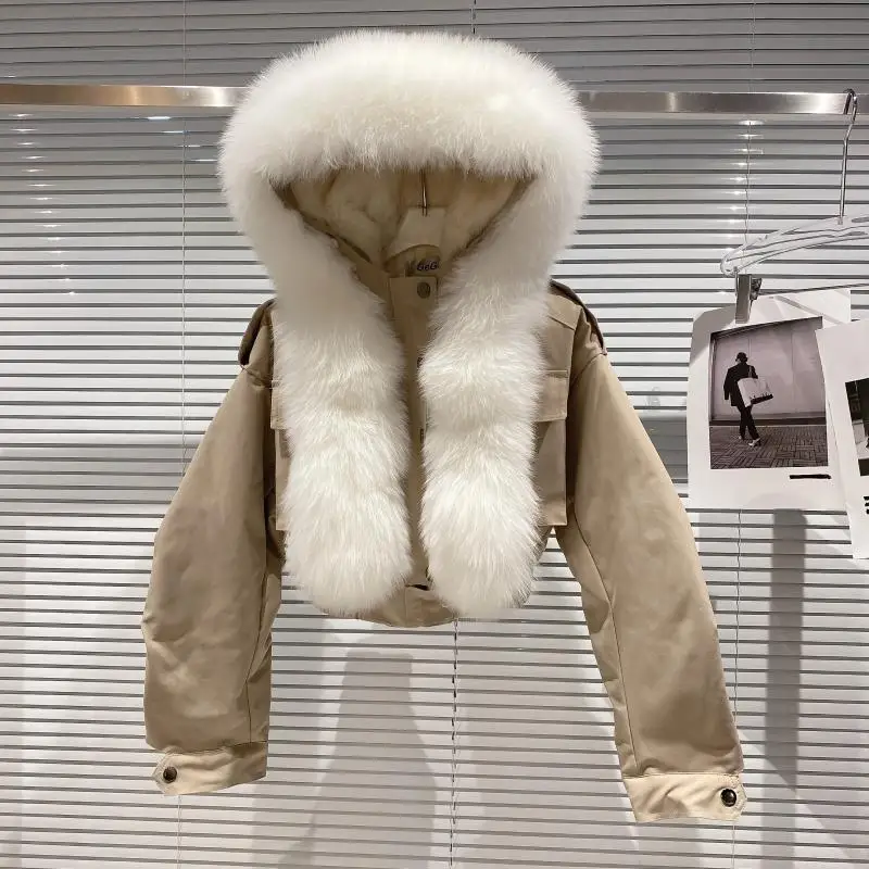 DEAT 2023 Balck Winter Women New Fur Collar Liner Real Rabbit Hair Multi Pocket Short Jacket Cotton Hooded Casual Coat RC235
