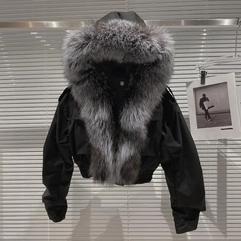DEAT 2023 Balck Winter Women New Fur Collar Liner Real Rabbit Hair Multi Pocket Short Jacket Cotton Hooded Casual Coat RC235