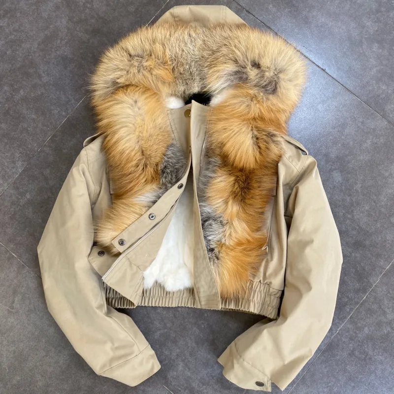 DEAT 2023 Balck Winter Women New Fur Collar Liner Real Rabbit Hair Multi Pocket Short Jacket Cotton Hooded Casual Coat RC235