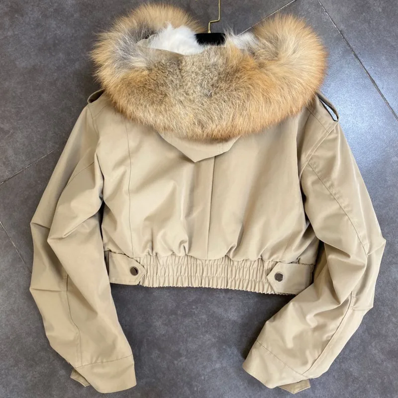DEAT 2023 Balck Winter Women New Fur Collar Liner Real Rabbit Hair Multi Pocket Short Jacket Cotton Hooded Casual Coat RC235
