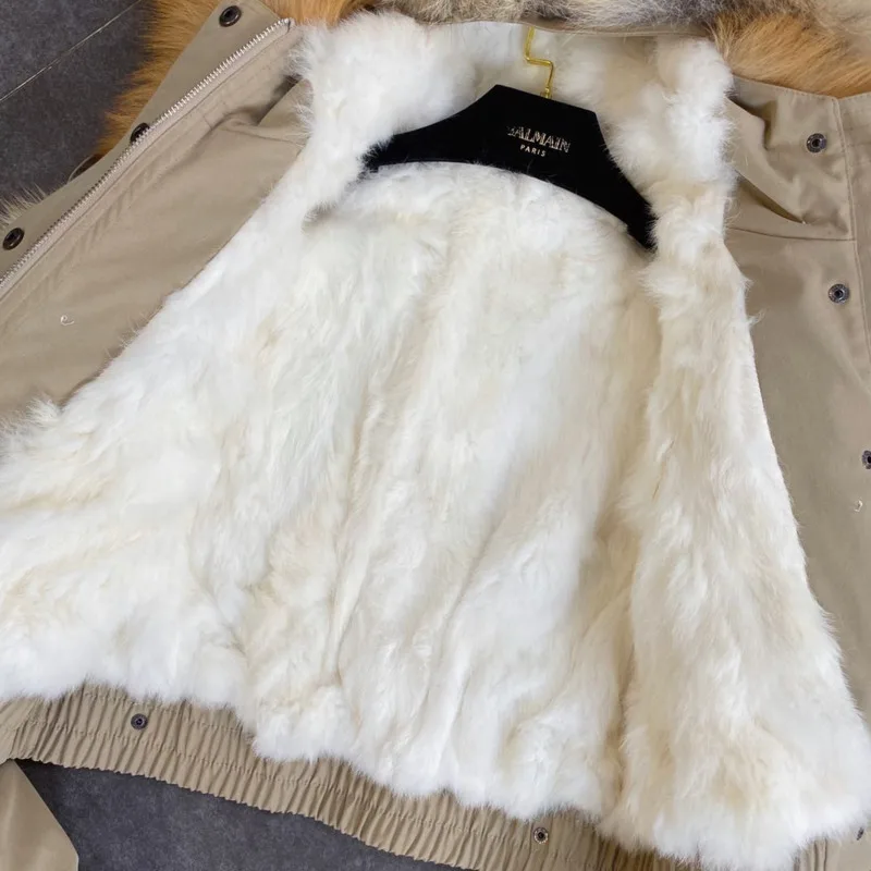 DEAT 2023 Balck Winter Women New Fur Collar Liner Real Rabbit Hair Multi Pocket Short Jacket Cotton Hooded Casual Coat RC235