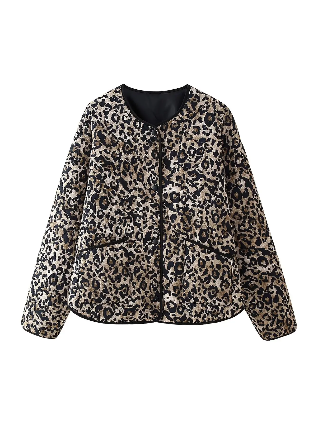 ZEVITY 2024 Women Vintage Leopard Print Quilted Cotton Jacket Female Chic Long Sleeve Buttons Casual Slim Coat Tops CT6287