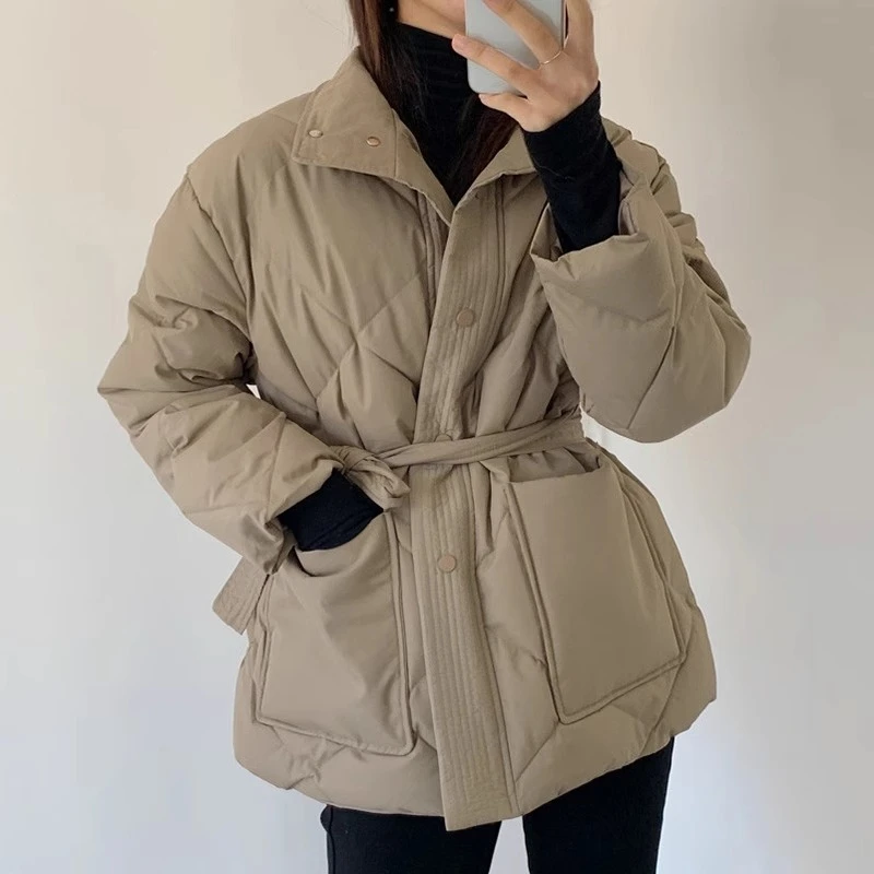 OCEANLOVE Autumn Winter Jackets Woman Solid Bandage Korean Fashion Turtleneck Parkas Coats Pockets Elegant Retro Chaquetas