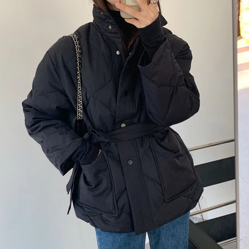 OCEANLOVE Autumn Winter Jackets Woman Solid Bandage Korean Fashion Turtleneck Parkas Coats Pockets Elegant Retro Chaquetas