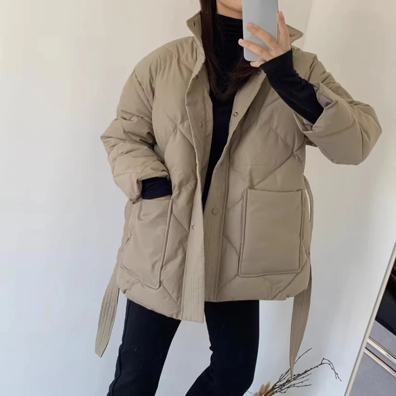 OCEANLOVE Autumn Winter Jackets Woman Solid Bandage Korean Fashion Turtleneck Parkas Coats Pockets Elegant Retro Chaquetas