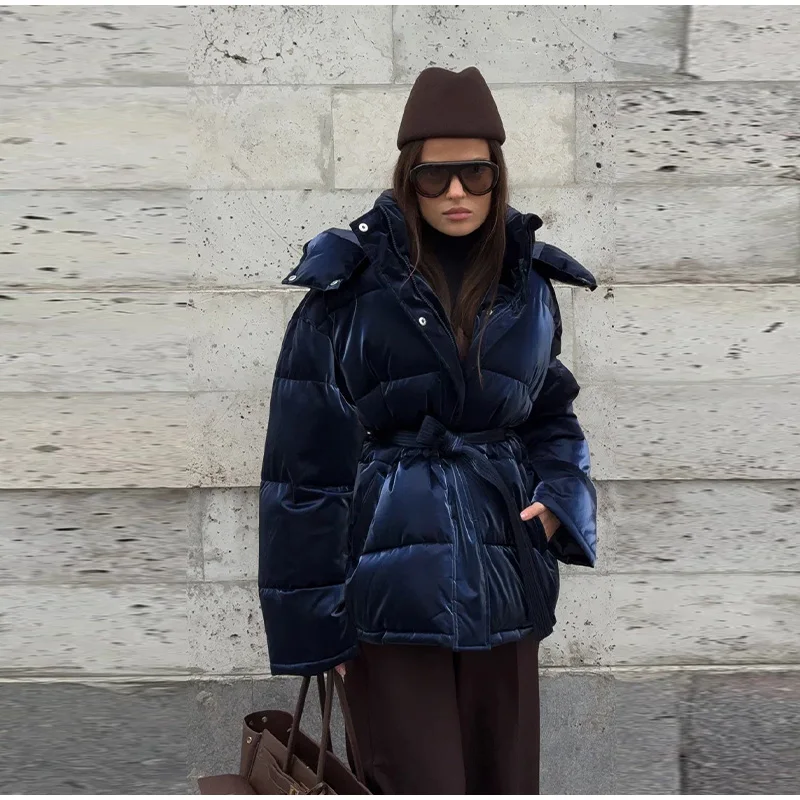 Warm Glossy Hooded Lace-up Cotton Coats 2026 Winter New Female Casual Zipper Bottons Belted Overcoat Women's Solid Streetwear