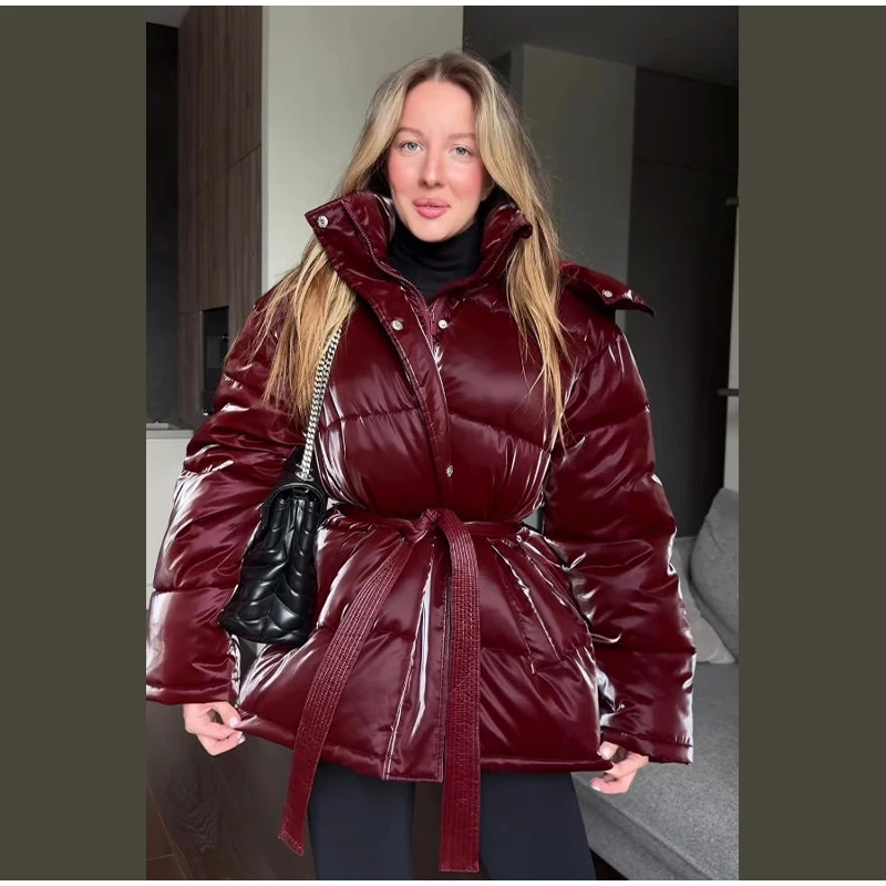 Warm Glossy Hooded Lace-up Cotton Coats 2026 Winter New Female Casual Zipper Bottons Belted Overcoat Women's Solid Streetwear