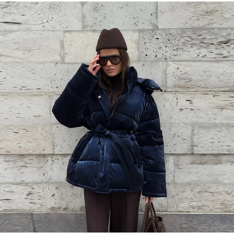 Warm Glossy Hooded Lace-up Cotton Coats 2026 Winter New Female Casual Zipper Bottons Belted Overcoat Women's Solid Streetwear