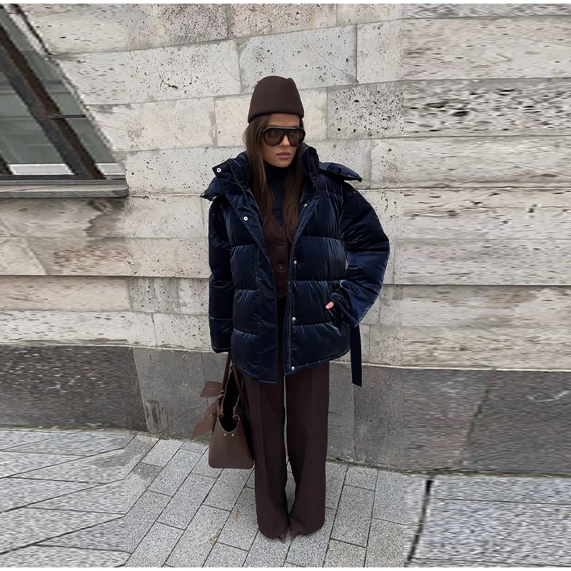 Warm Glossy Hooded Lace-up Cotton Coats 2026 Winter New Female Casual Zipper Bottons Belted Overcoat Women's Solid Streetwear