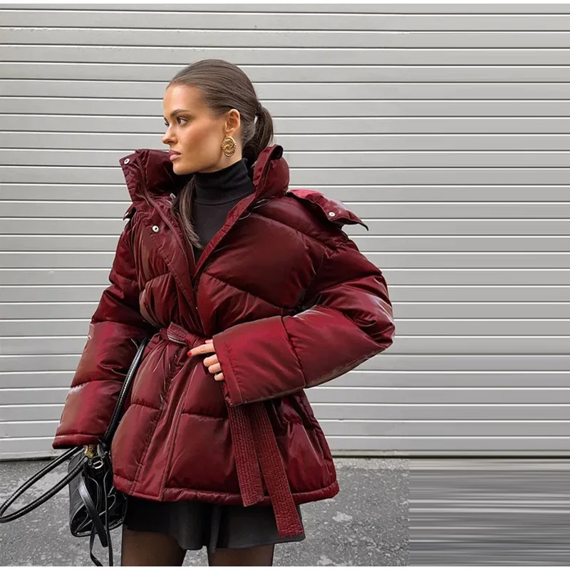 Warm Glossy Hooded Lace-up Cotton Coats 2026 Winter New Female Casual Zipper Bottons Belted Overcoat Women's Solid Streetwear