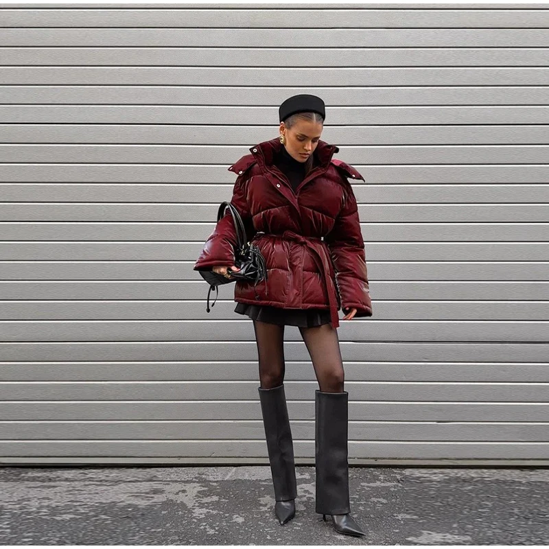 Warm Glossy Hooded Lace-up Cotton Coats 2026 Winter New Female Casual Zipper Bottons Belted Overcoat Women's Solid Streetwear