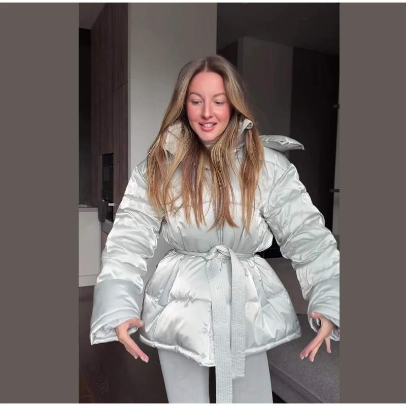 Warm Glossy Hooded Lace-up Cotton Coats 2026 Winter New Female Casual Zipper Bottons Belted Overcoat Women's Solid Streetwear