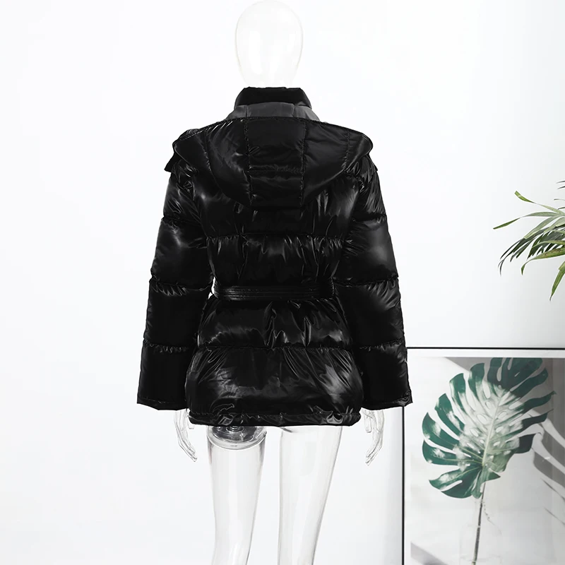 Warm Glossy Hooded Lace-up Cotton Coats 2026 Winter New Female Casual Zipper Bottons Belted Overcoat Women's Solid Streetwear