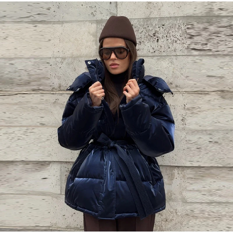 Warm Glossy Hooded Lace-up Cotton Coats 2026 Winter New Female Casual Zipper Bottons Belted Overcoat Women's Solid Streetwear