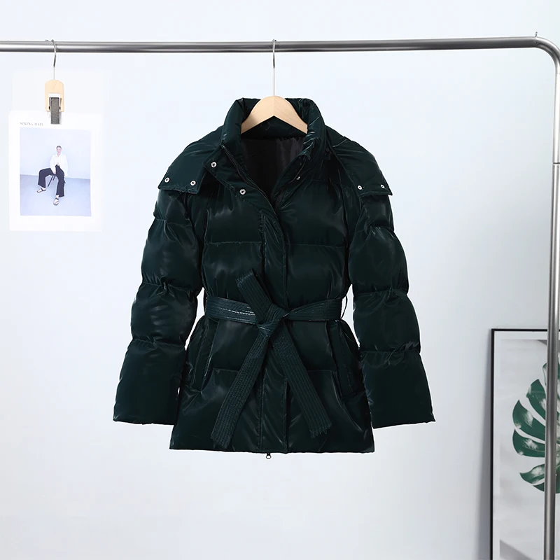Warm Glossy Hooded Lace-up Cotton Coats 2026 Winter New Female Casual Zipper Bottons Belted Overcoat Women's Solid Streetwear