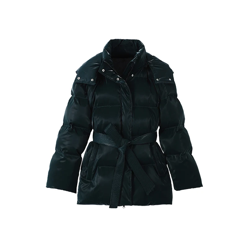 Warm Glossy Hooded Lace-up Cotton Coats 2026 Winter New Female Casual Zipper Bottons Belted Overcoat Women's Solid Streetwear