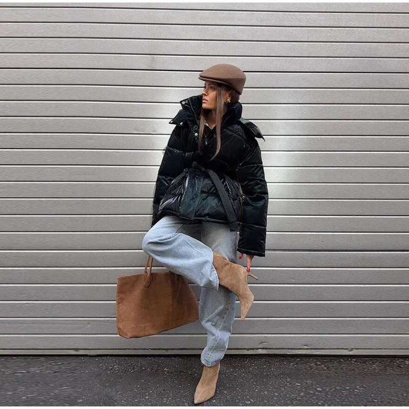 Warm Glossy Hooded Lace-up Cotton Coats 2026 Winter New Female Casual Zipper Bottons Belted Overcoat Women's Solid Streetwear