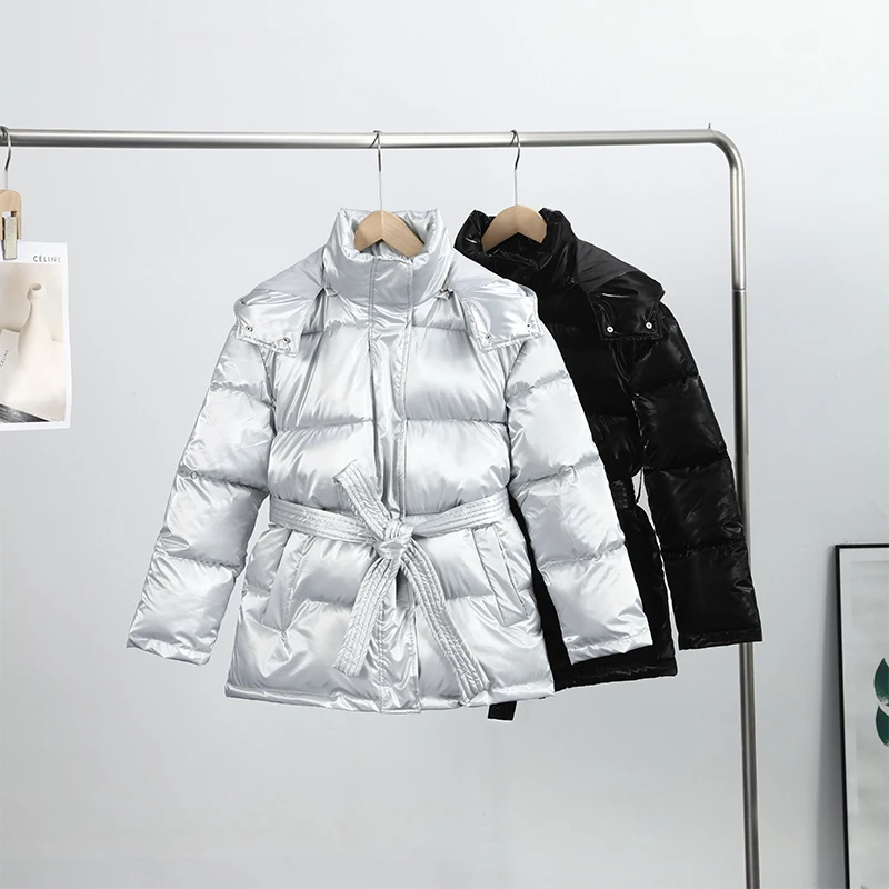 Warm Glossy Hooded Lace-up Cotton Coats 2026 Winter New Female Casual Zipper Bottons Belted Overcoat Women's Solid Streetwear