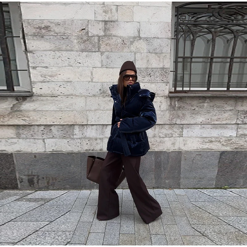 Warm Glossy Hooded Lace-up Cotton Coats 2026 Winter New Female Casual Zipper Bottons Belted Overcoat Women's Solid Streetwear