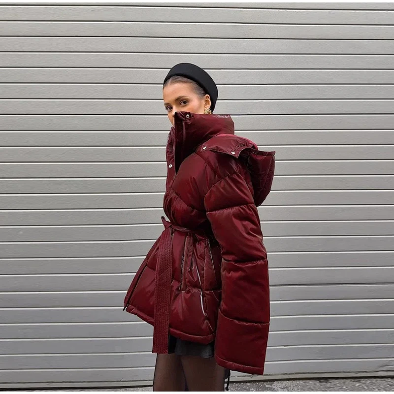 Warm Glossy Hooded Lace-up Cotton Coats 2026 Winter New Female Casual Zipper Bottons Belted Overcoat Women's Solid Streetwear