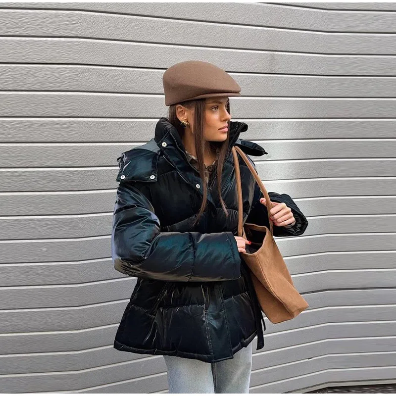 Warm Glossy Hooded Lace-up Cotton Coats 2026 Winter New Female Casual Zipper Bottons Belted Overcoat Women's Solid Streetwear