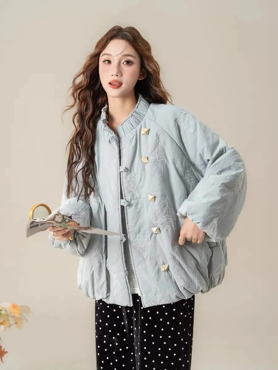 Women's Spring Coat Vintage Embroidered Cotton Coat Women Autumn Winter New Loose Slim Button Cardigan Jacket Outerwear