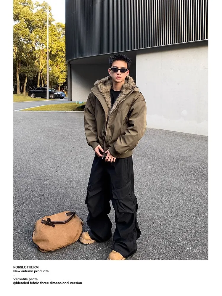 2025 NEW Retro Fur Collar Veet Padded Bomber Jacket for Men Fce Thick Warm Harajuku Casual Loose Joker Jackets Streetwear C