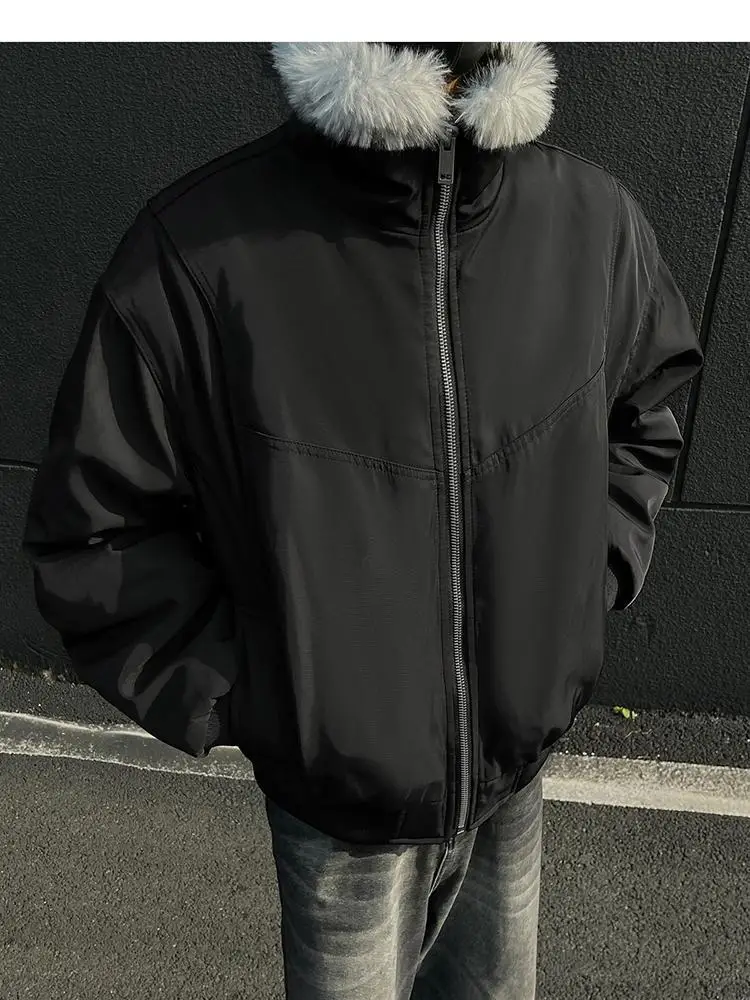 2025 NEW Retro Fur Collar Veet Padded Bomber Jacket for Men Fce Thick Warm Harajuku Casual Loose Joker Jackets Streetwear C