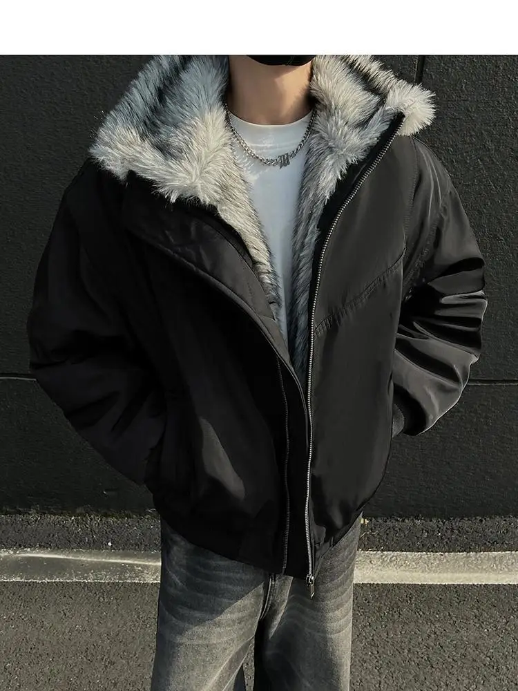 2025 NEW Retro Fur Collar Veet Padded Bomber Jacket for Men Fce Thick Warm Harajuku Casual Loose Joker Jackets Streetwear C