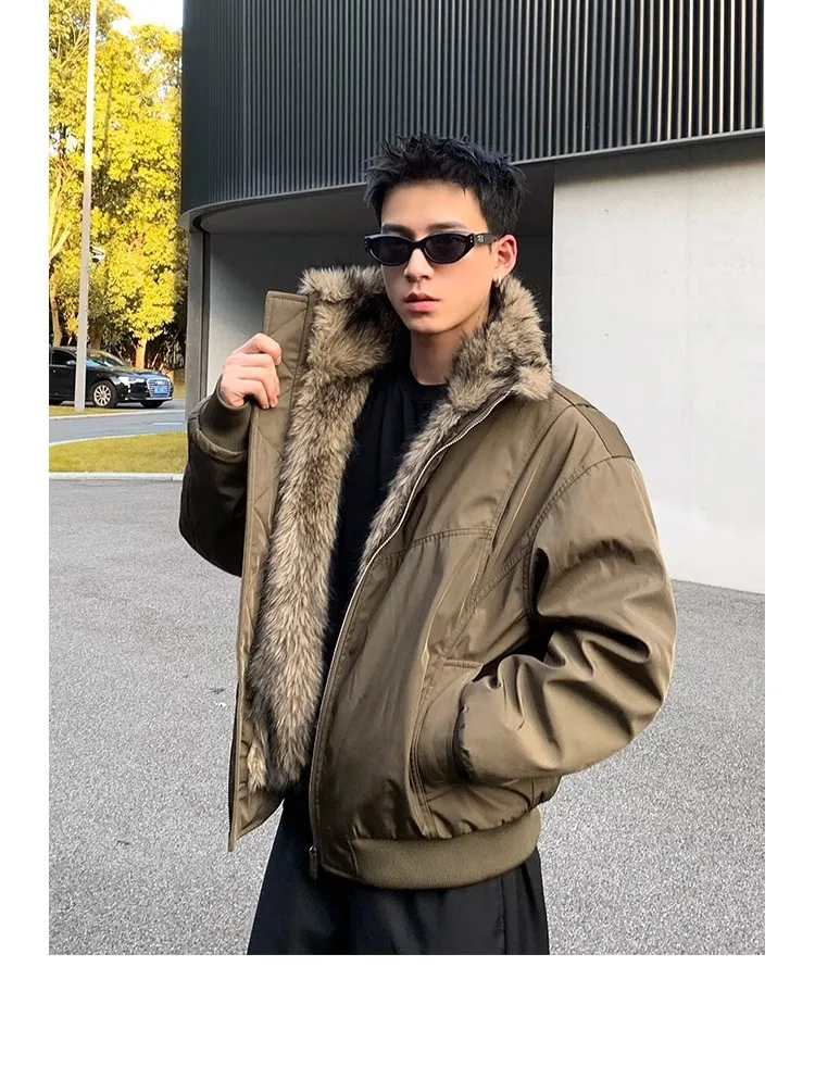 2025 NEW Retro Fur Collar Veet Padded Bomber Jacket for Men Fce Thick Warm Harajuku Casual Loose Joker Jackets Streetwear C