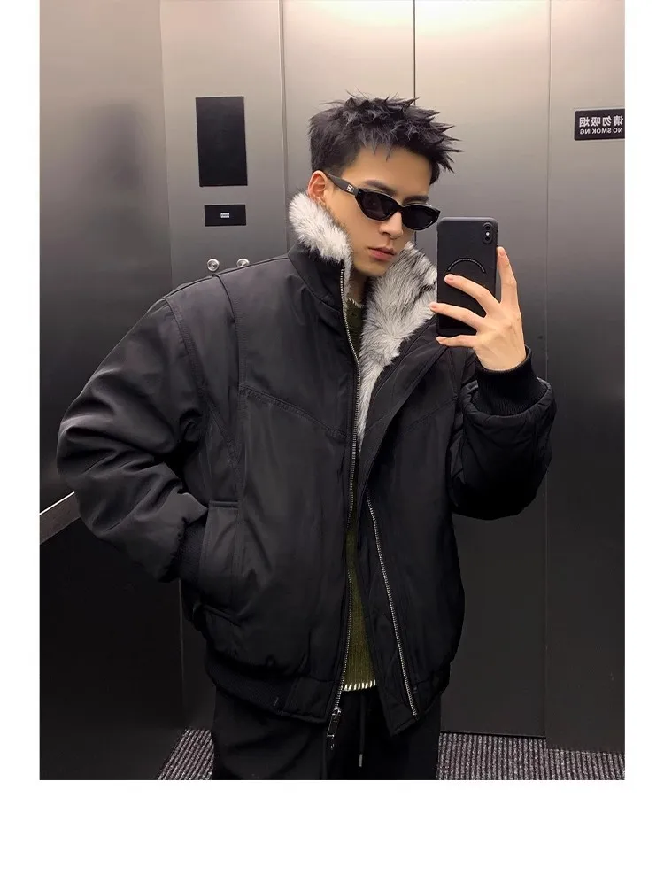 2025 NEW Retro Fur Collar Veet Padded Bomber Jacket for Men Fce Thick Warm Harajuku Casual Loose Joker Jackets Streetwear C