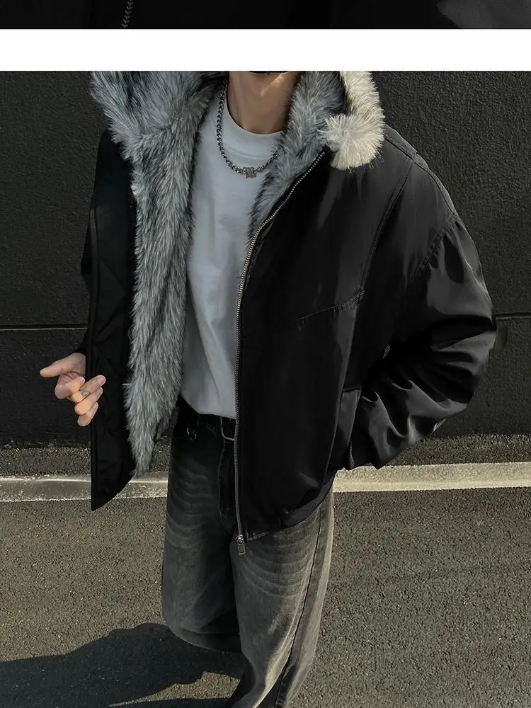 2025 NEW Retro Fur Collar Veet Padded Bomber Jacket for Men Fce Thick Warm Harajuku Casual Loose Joker Jackets Streetwear C
