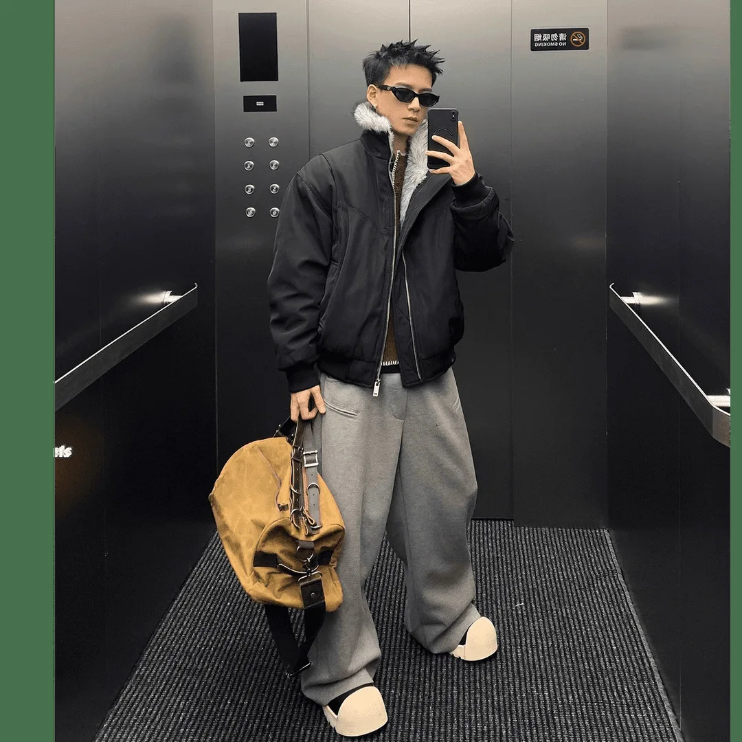 2025 NEW Retro Fur Collar Veet Padded Bomber Jacket for Men Fce Thick Warm Harajuku Casual Loose Joker Jackets Streetwear C