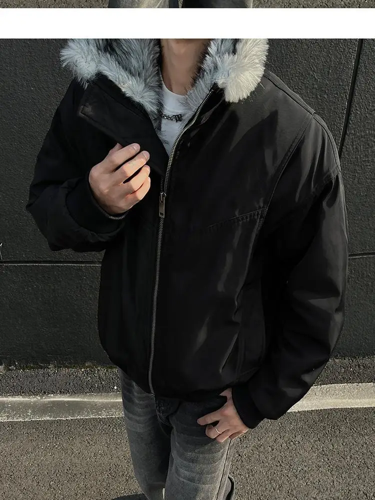 2025 NEW Retro Fur Collar Veet Padded Bomber Jacket for Men Fce Thick Warm Harajuku Casual Loose Joker Jackets Streetwear C