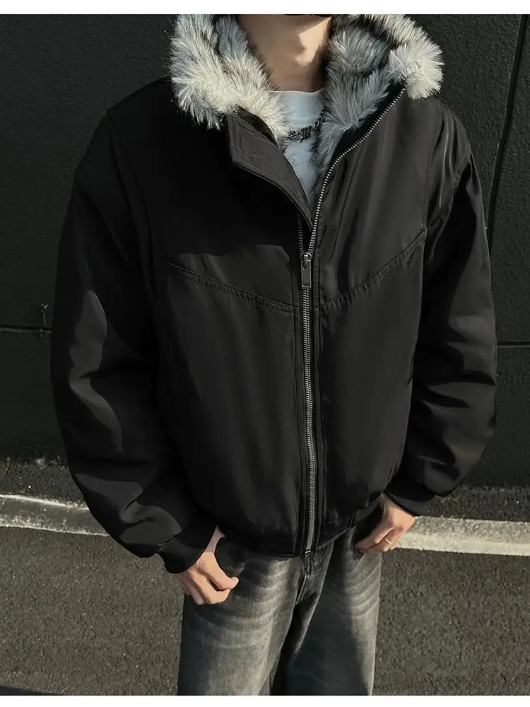 2025 NEW Retro Fur Collar Veet Padded Bomber Jacket for Men Fce Thick Warm Harajuku Casual Loose Joker Jackets Streetwear C
