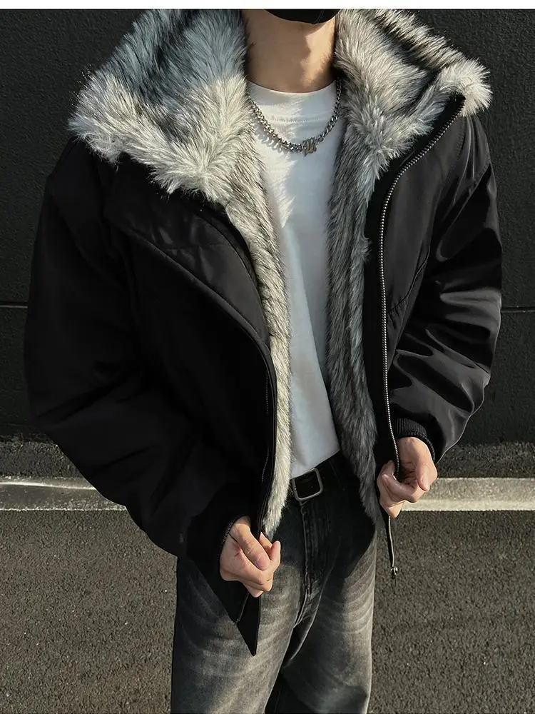 2025 NEW Retro Fur Collar Veet Padded Bomber Jacket for Men Fce Thick Warm Harajuku Casual Loose Joker Jackets Streetwear C