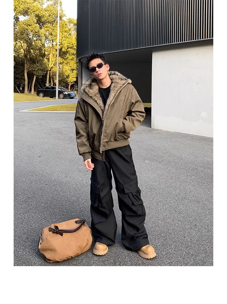 2025 NEW Retro Fur Collar Veet Padded Bomber Jacket for Men Fce Thick Warm Harajuku Casual Loose Joker Jackets Streetwear C