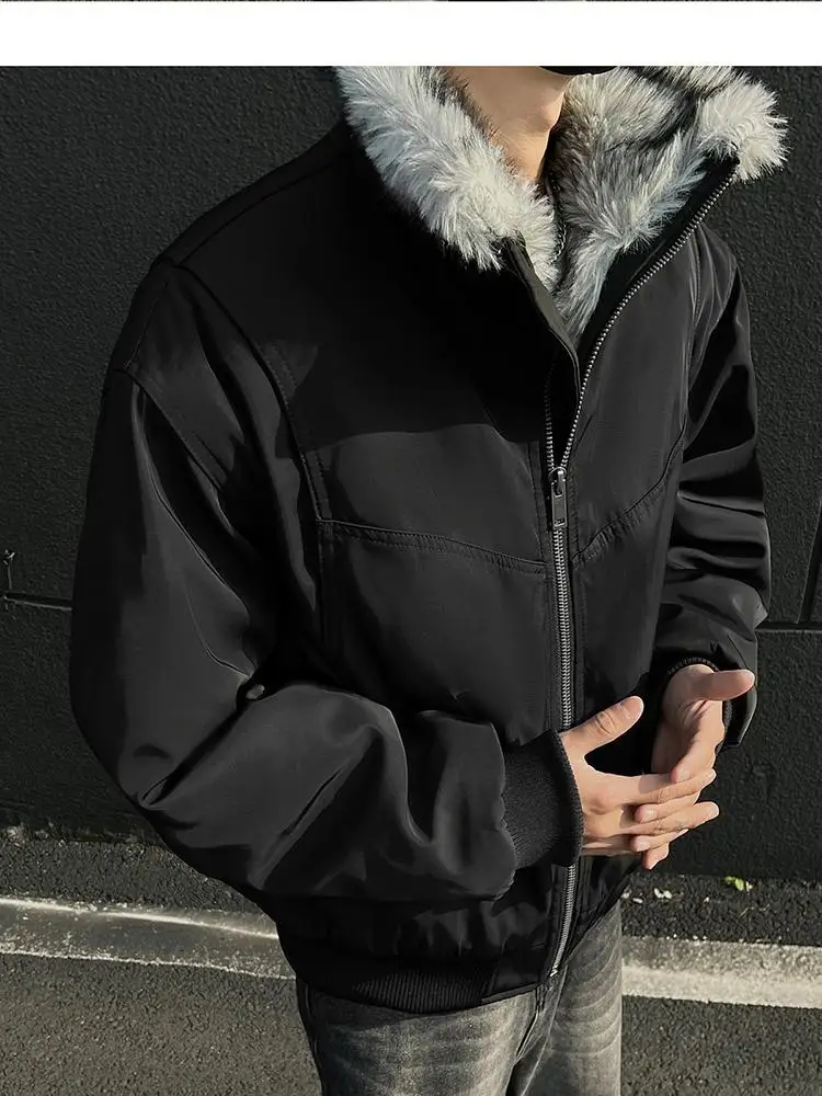 2025 NEW Retro Fur Collar Veet Padded Bomber Jacket for Men Fce Thick Warm Harajuku Casual Loose Joker Jackets Streetwear C