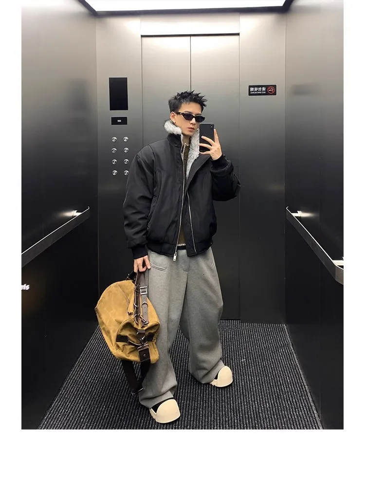 2025 NEW Retro Fur Collar Veet Padded Bomber Jacket for Men Fce Thick Warm Harajuku Casual Loose Joker Jackets Streetwear C