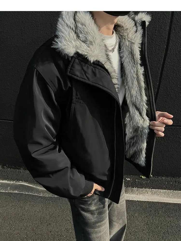 2025 NEW Retro Fur Collar Veet Padded Bomber Jacket for Men Fce Thick Warm Harajuku Casual Loose Joker Jackets Streetwear C