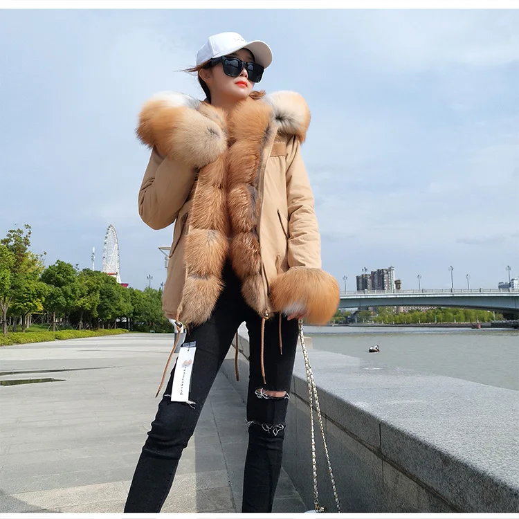 MAOMAOKONG 2026 Real Fur Coat New Fashion Fox Fur Collar Winter Women's Clothing Removable Lining Thickened Jacket Short Parka