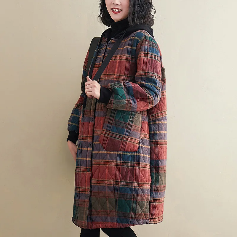 Winter Women's Clothing Hooded Padded Jacket Parka Korean Fashion Plus Size Plaid Mid-length Coat Jacket Keep Warm Loose Leisure
