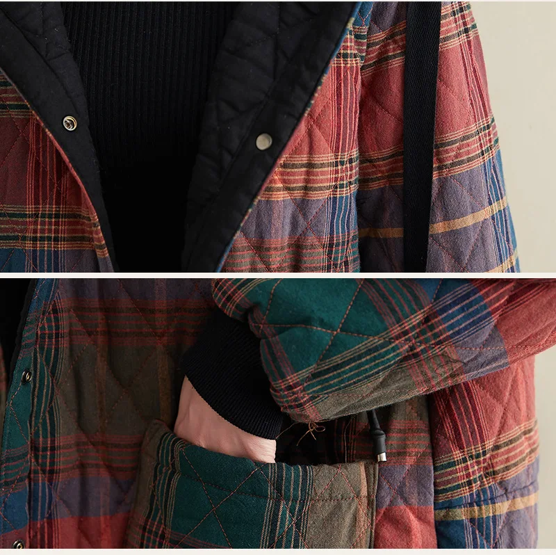 Winter Women's Clothing Hooded Padded Jacket Parka Korean Fashion Plus Size Plaid Mid-length Coat Jacket Keep Warm Loose Leisure