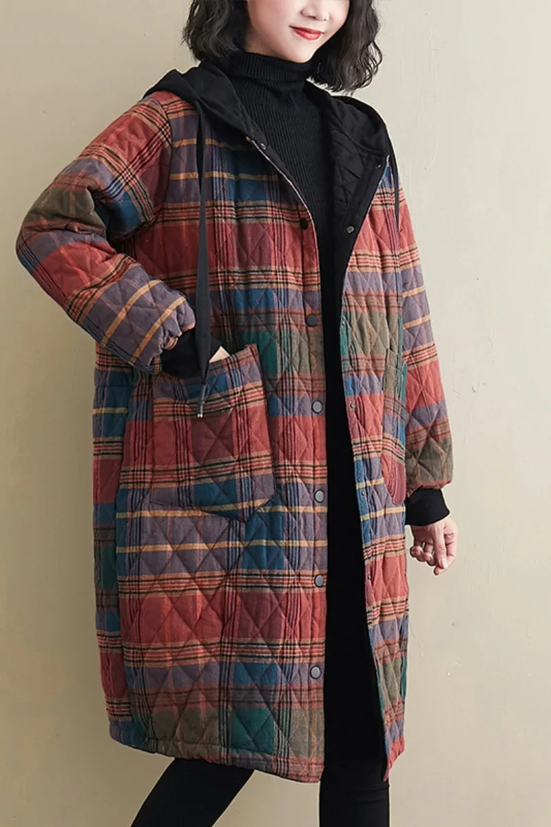 Winter Women's Clothing Hooded Padded Jacket Parka Korean Fashion Plus Size Plaid Mid-length Coat Jacket Keep Warm Loose Leisure