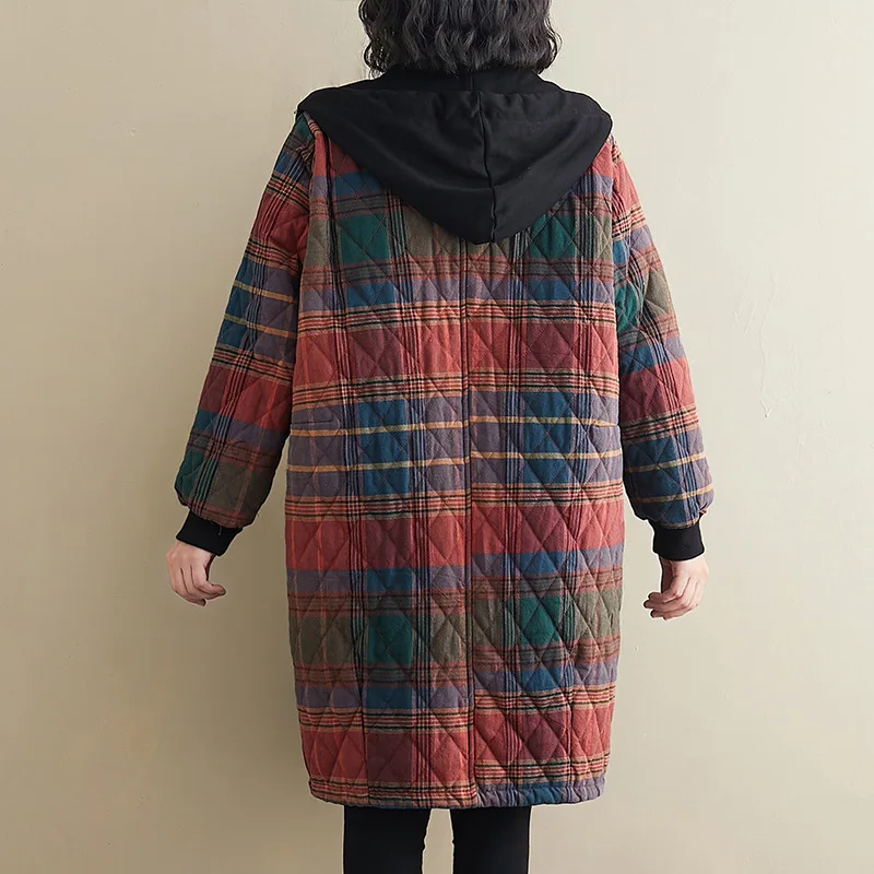 Winter Women's Clothing Hooded Padded Jacket Parka Korean Fashion Plus Size Plaid Mid-length Coat Jacket Keep Warm Loose Leisure